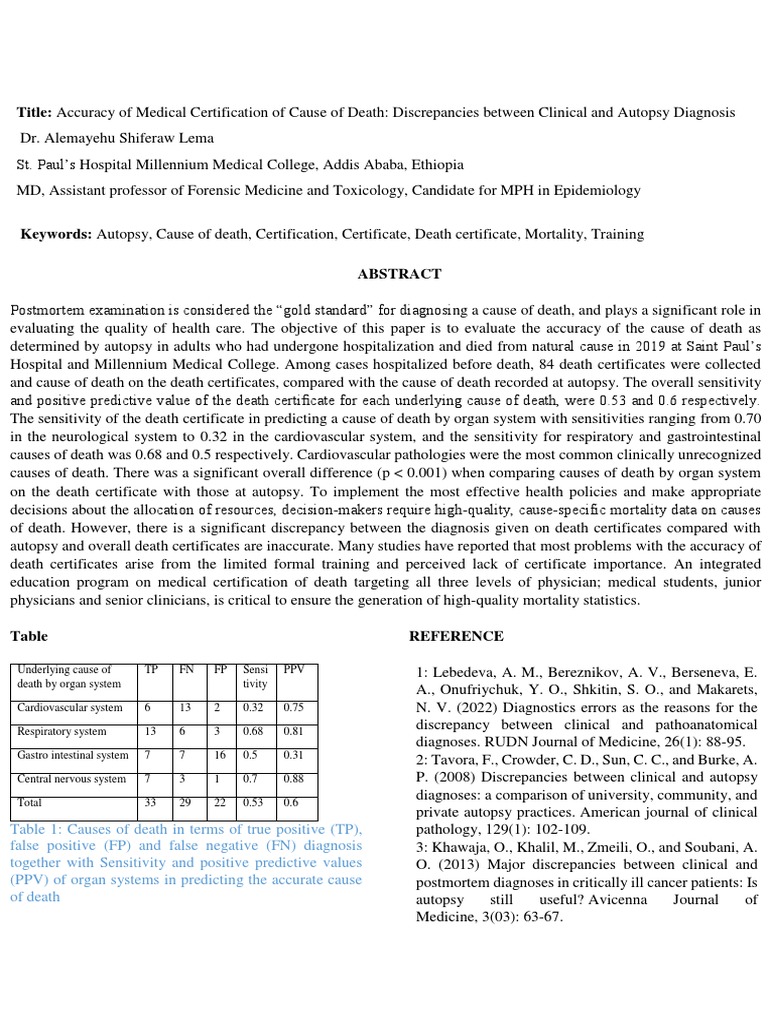 Conference Abstract On Accuracy of Death Certificate PDF Autopsy