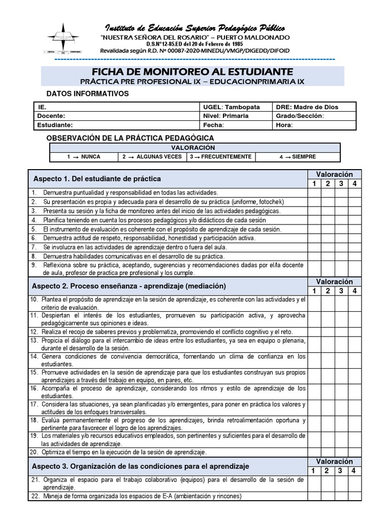 Ficha de Monitoreo Práctica Educativa | PDF | Crecimiento personal y ...