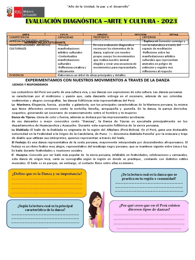 Evaluacion Diagnostica - 1ero y 2do Grado-Arte y Cultura | PDF | Bailes ...