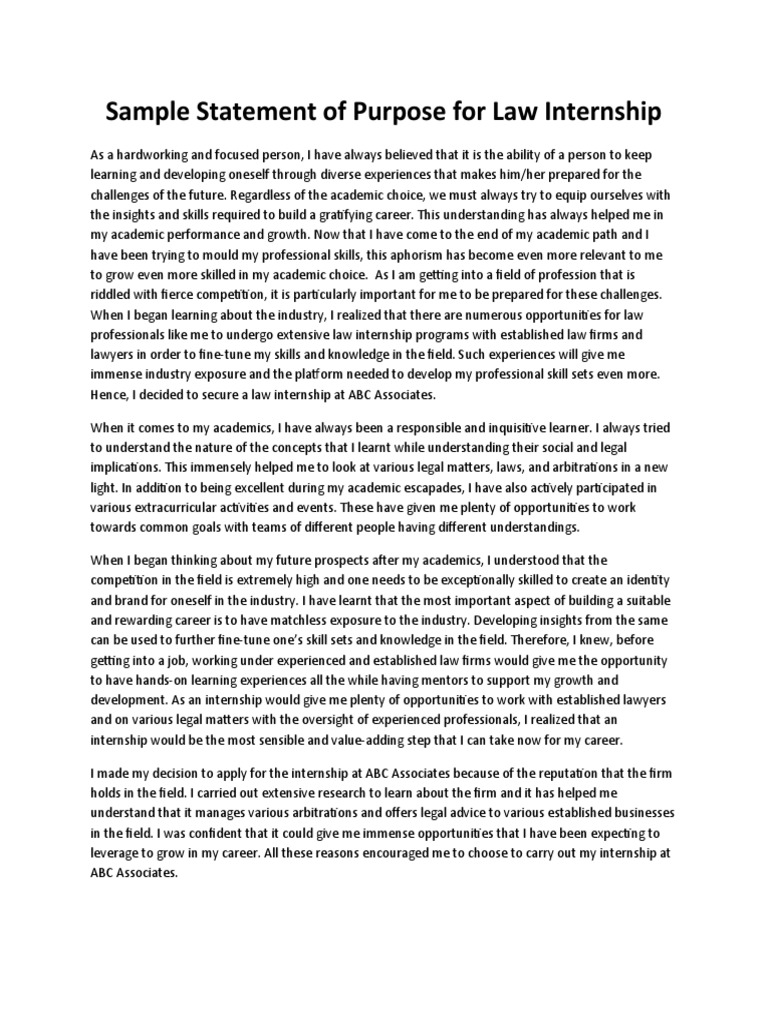Sample Statement of Purpose For Law Internship PDF Internship Job
