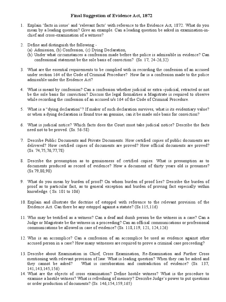 Evidence Act 1872: Key Provisions Explained | PDF | Evidence (Law ...