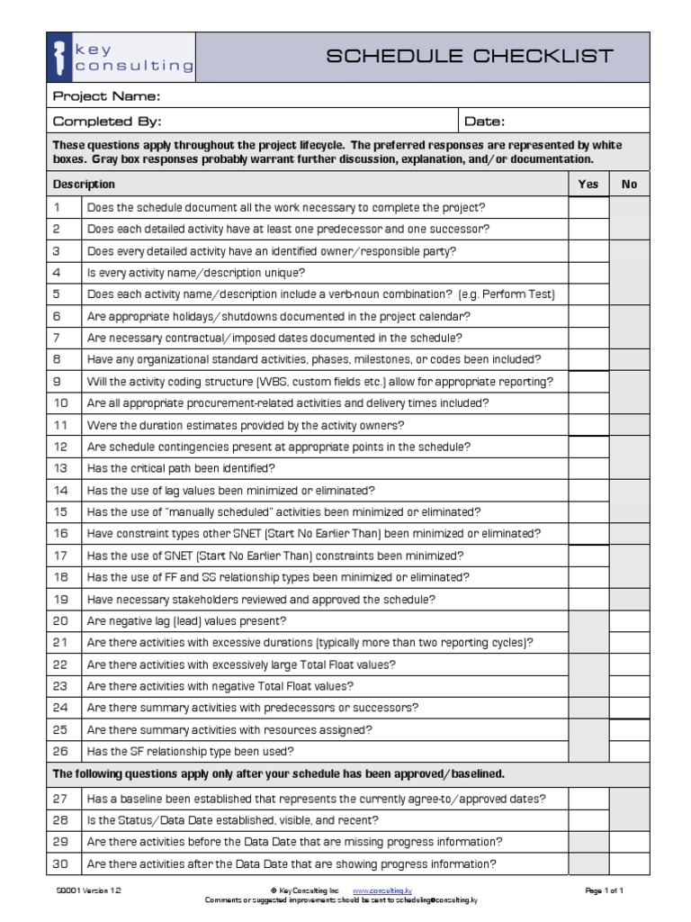 Schedule Quality Checklist | PDF