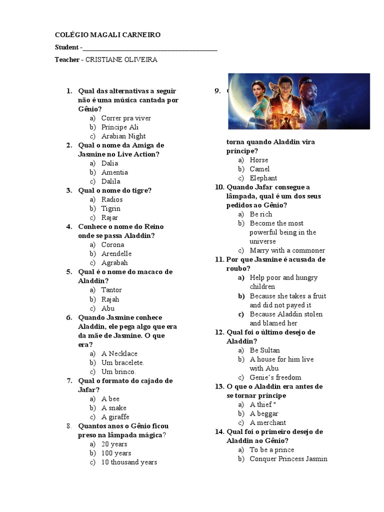 Quiz sobre Aladdin e seus personagens | PDF