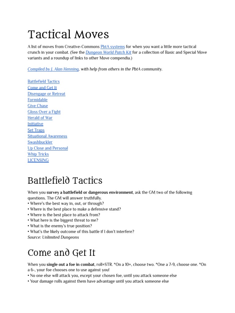 PbtA Tactical Combat Moves List | PDF | Creative Commons License