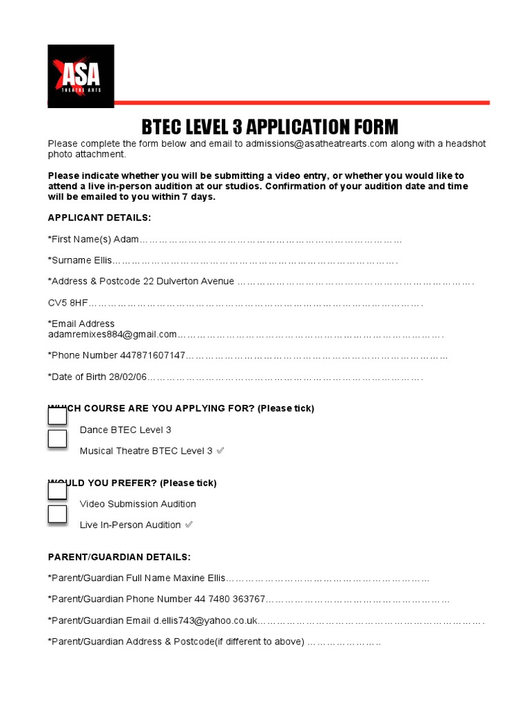 BTEC Level 3 Musical Theatre Application PDF