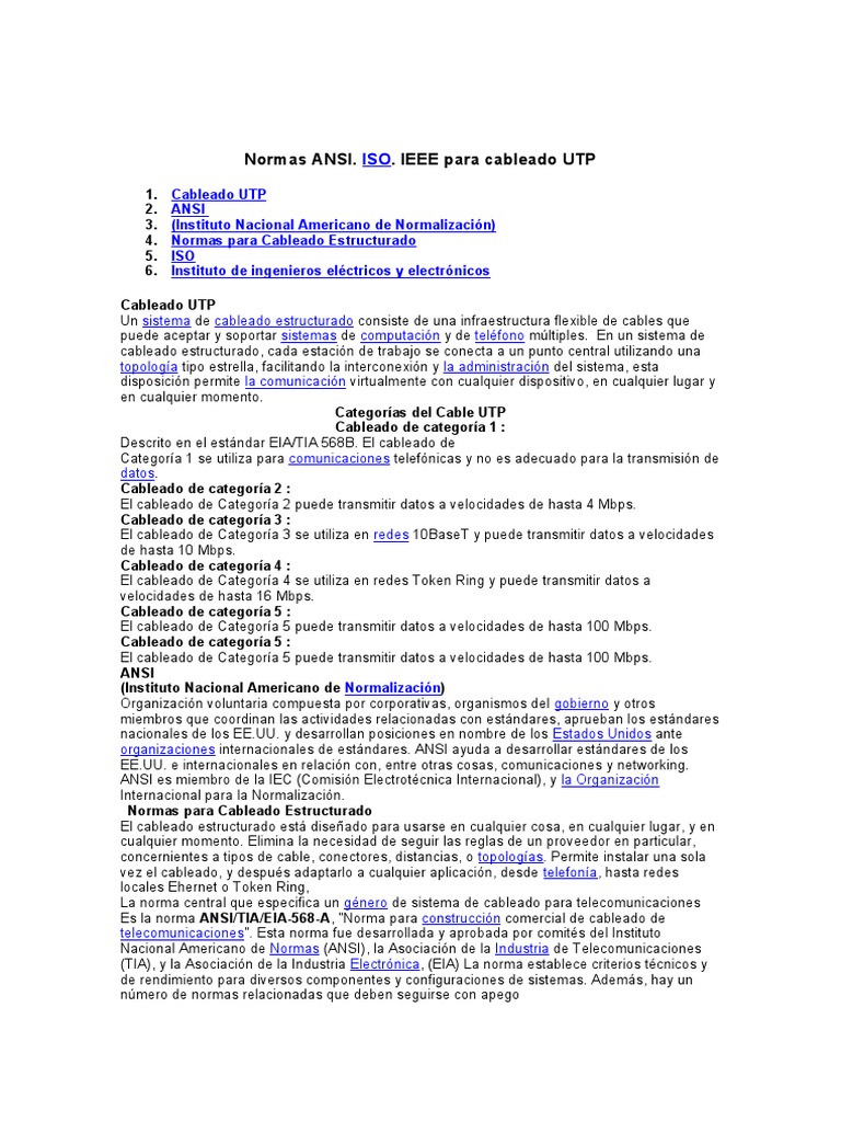 Normas ANSI/ISO para Cableado UTP | PDF | Estándares informáticos ...