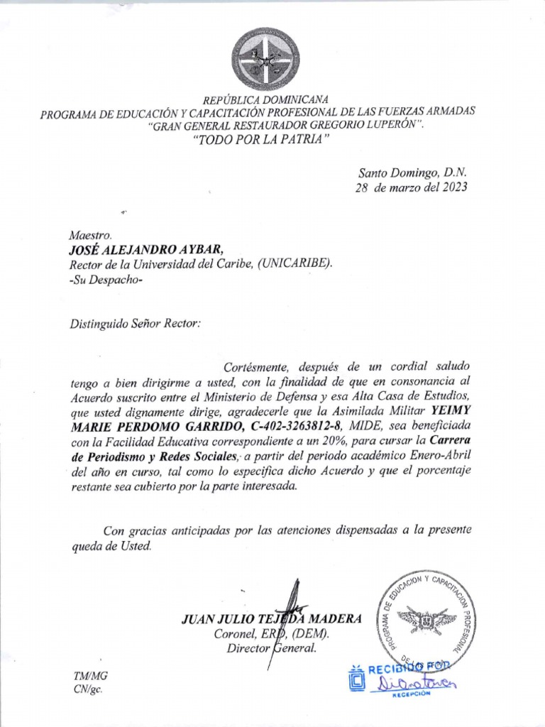 Carta de Yeimy Marie Perdomo Garrido, M Ide Unicaribe | PDF