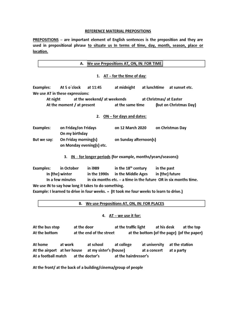 Reference Material Prepositions | PDF | Preposition And Postposition ...