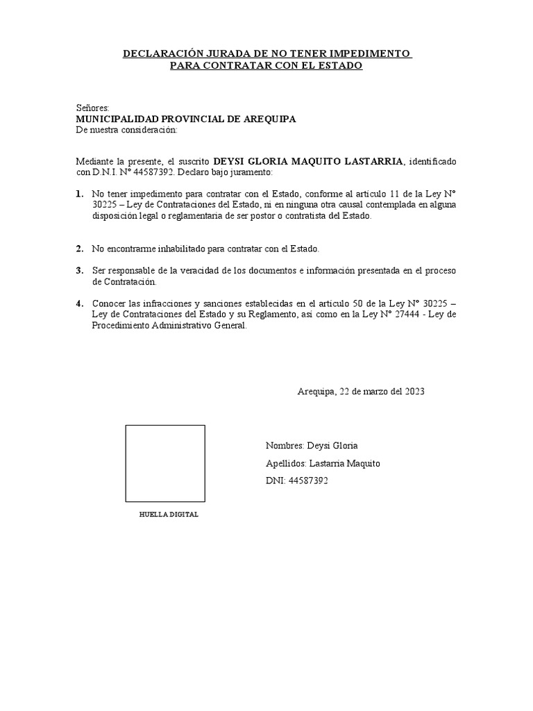 Anexo 4. Declaración Jurada - No Impedimento. Estado | PDF
