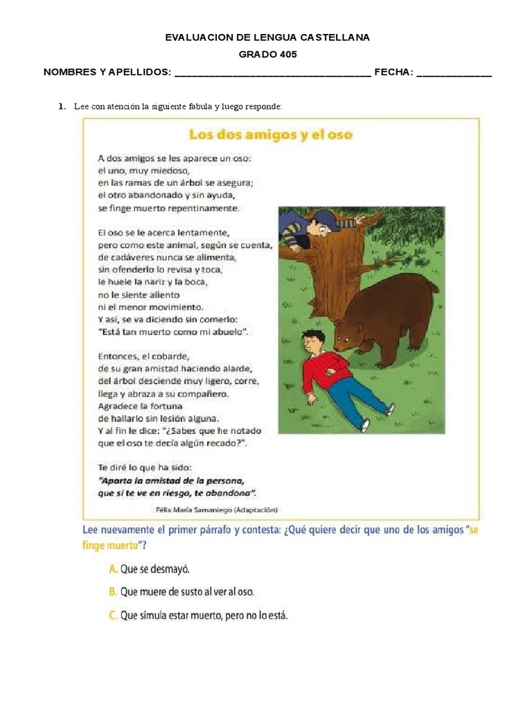 Evaluación de Lengua Castellana 4° Grado | PDF | Crecimiento personal y ...