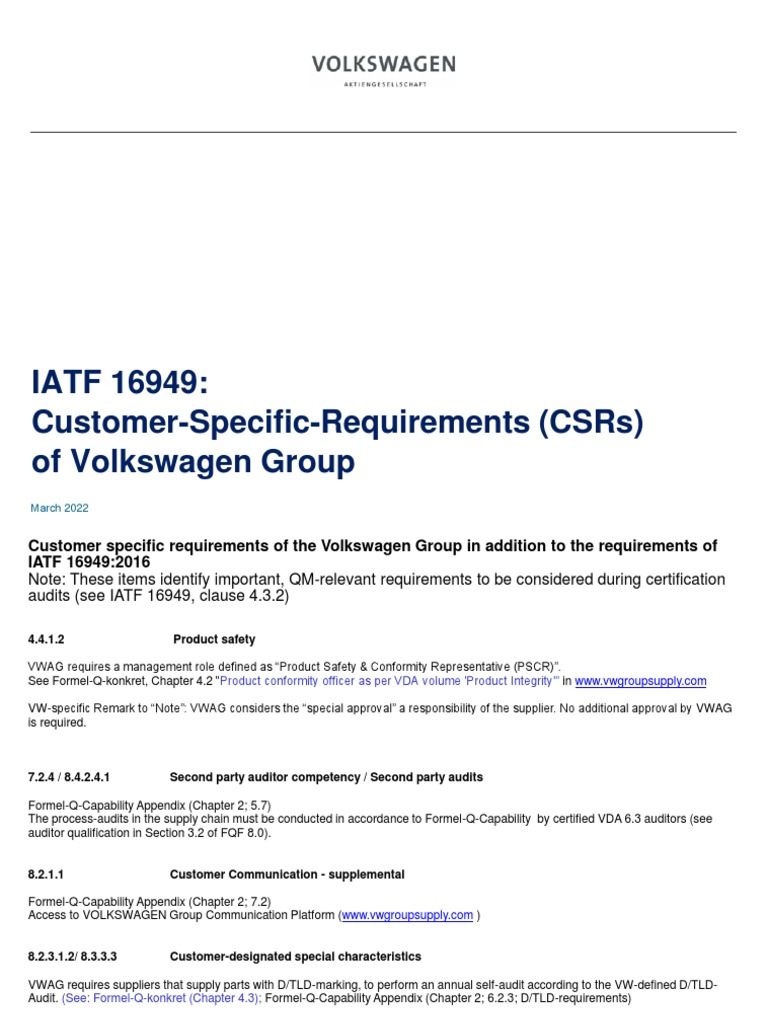 Volkswagen Group Customer Specific Requirements March 2022 1 PDF Audit Supply Chain