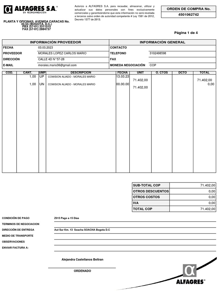 Orden de Compra 4501062742 - Alfagres S.A. | PDF | Pagos | Derecho laboral
