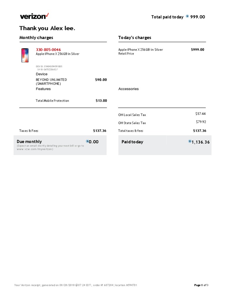 Verizon Purchase Receipt PDF
