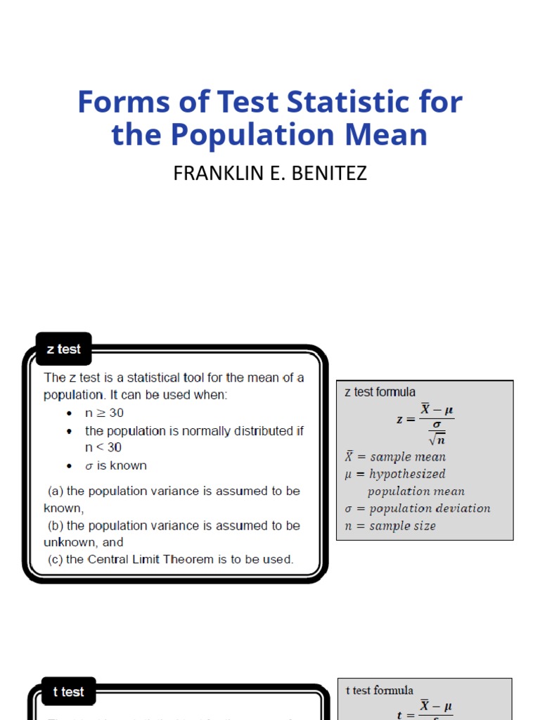 Forms of Test Statistic For The Population Mean PDF Sample Size