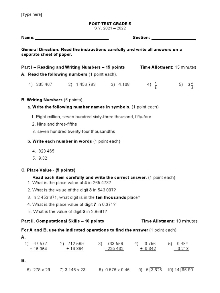 Grade 5 Post-Test: Math Skills Assessment | PDF | Teaching Methods ...