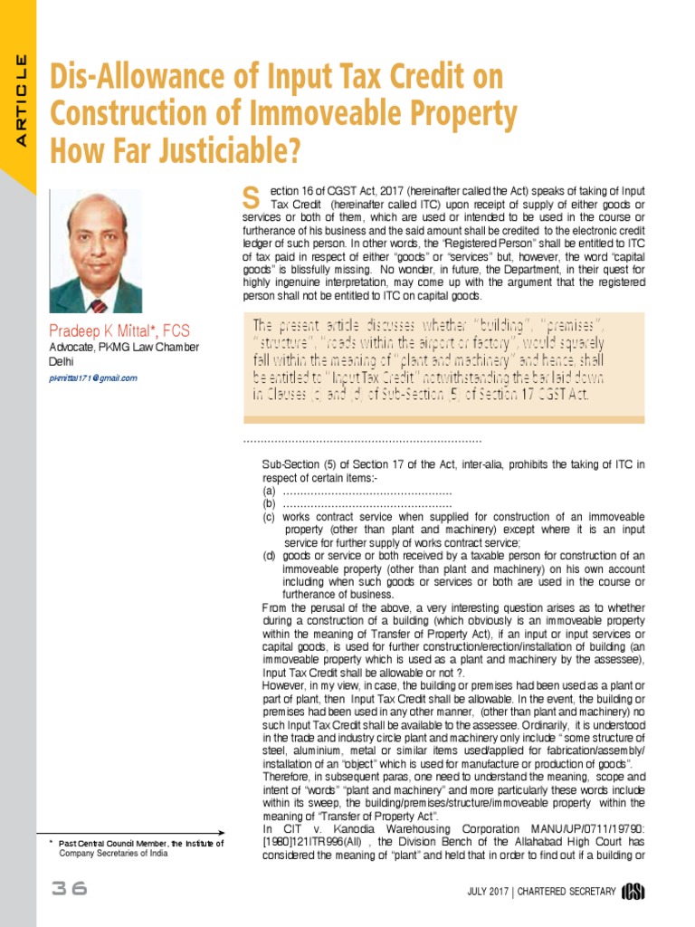 Disallowance of ITC On Construction of Immovable Property PDF Taxes