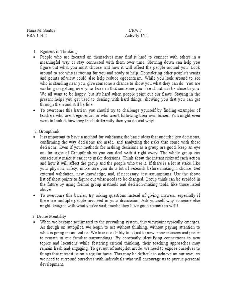 Activity 15.1 | PDF | Thought | Experience