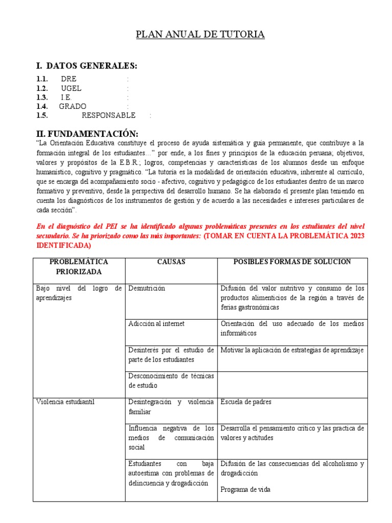 Plan Anual de Tutoría 2023 | PDF | Aprendizaje | Plan de estudios