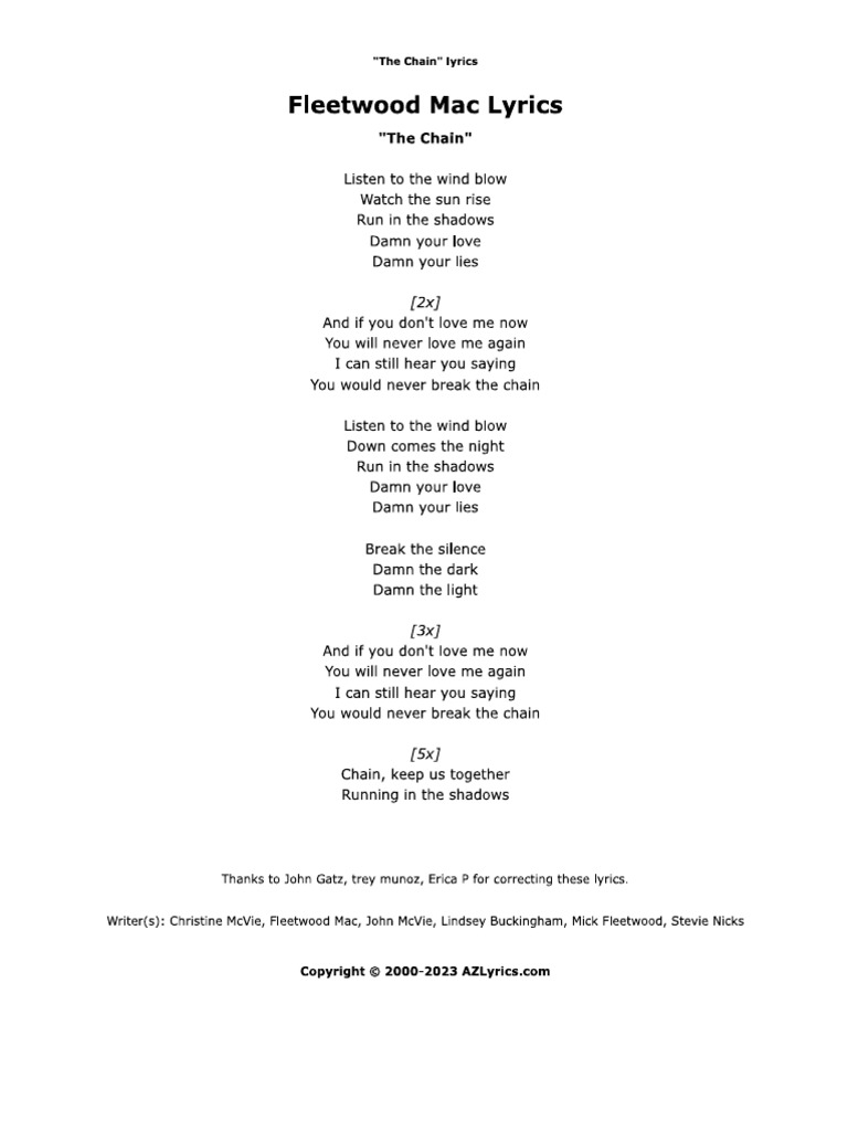 The Chain Lyrics PDF