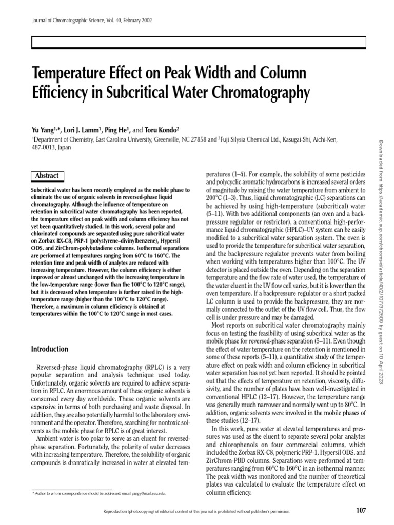 Temperature Effect On Peak Width and Column Efficiency in Subcritical