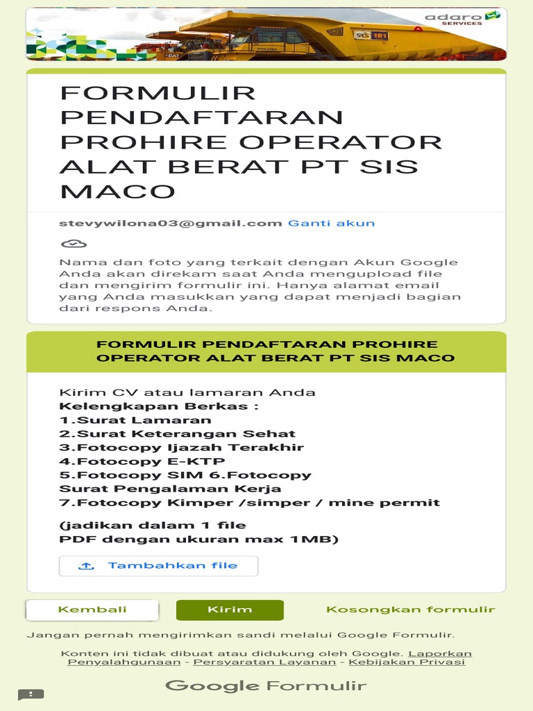 Pendaftaran Operator Alat Berat Prohire | PDF