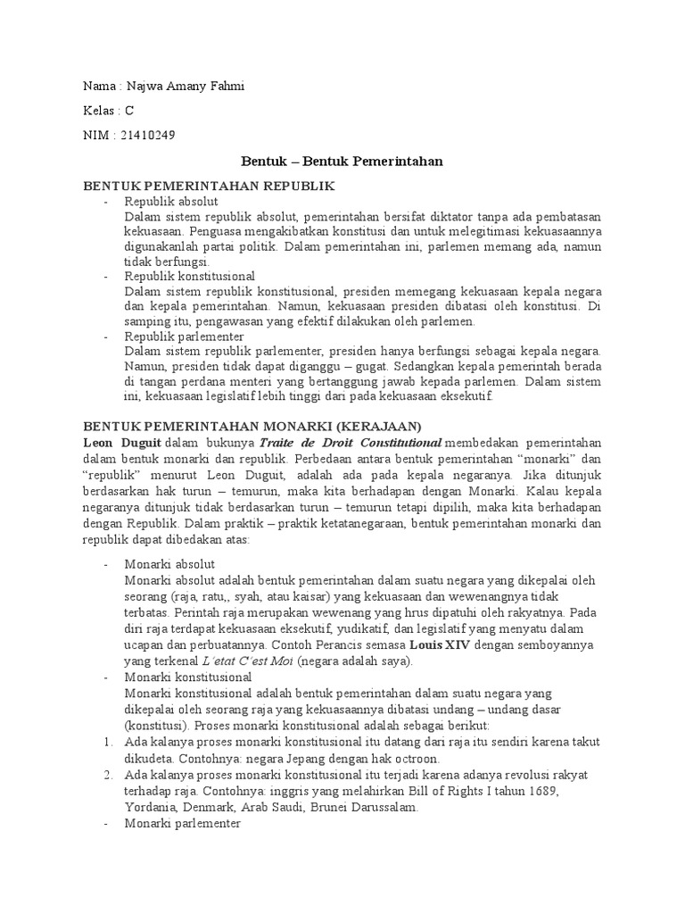 Bentuk-Bentuk Pemerintahan Klasik dan Modern | PDF