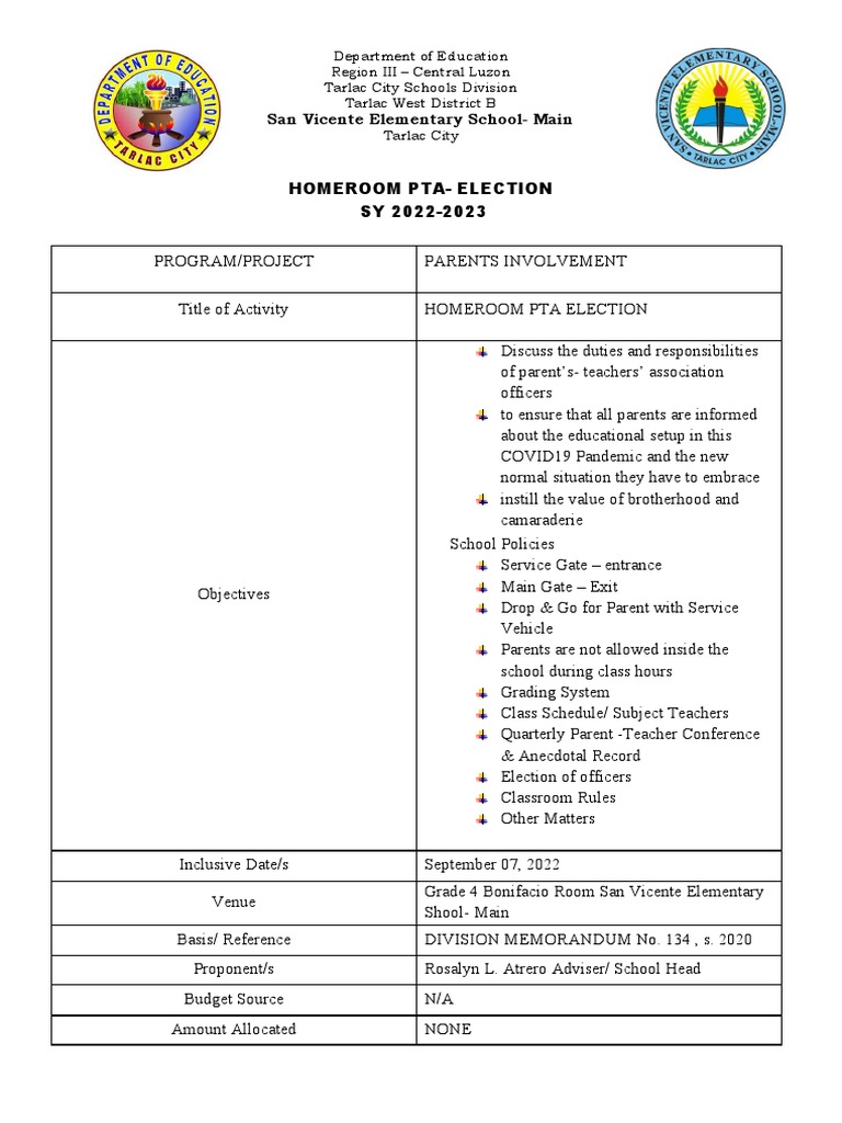 Homeroom PTA Officer Election 2022-2023 | PDF