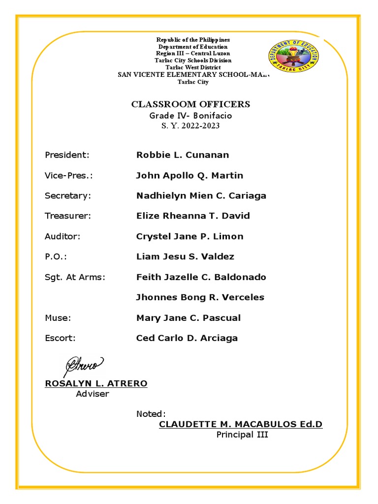 Grade IV Classroom and HRPTA Officers | PDF