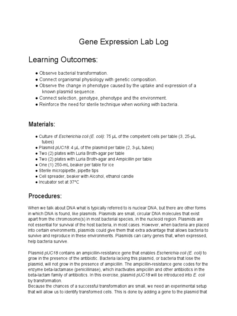 Gene Expression Lab Log PDF Plasmid Transformation