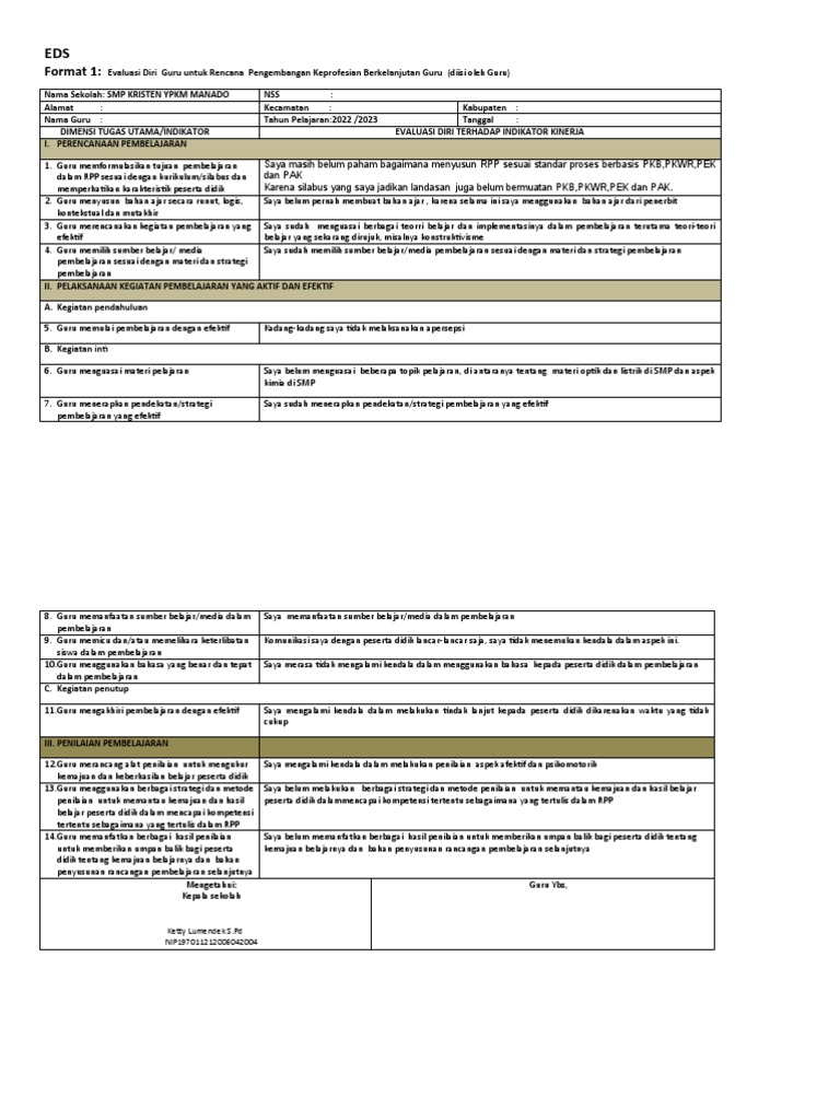 Evaluasi Diri dan Rencana PKB Guru | PDF