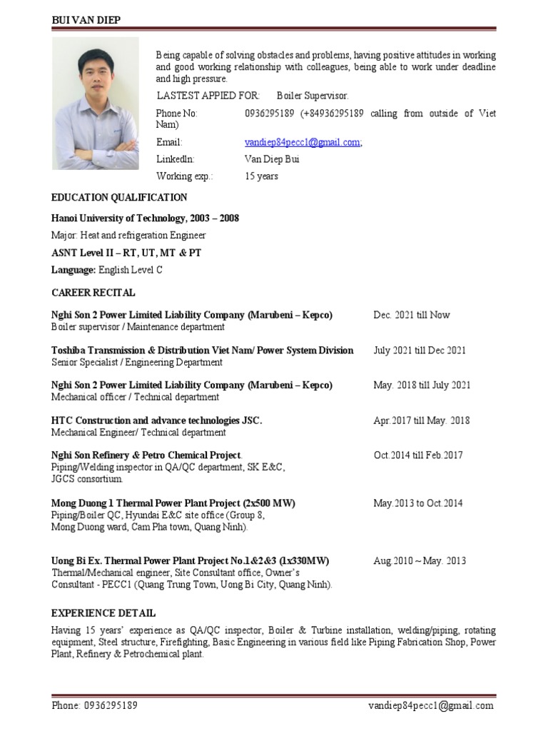 Mechanical Engineer Bui Van Diep Pdf Boiler Pipe Fluid Conveyance