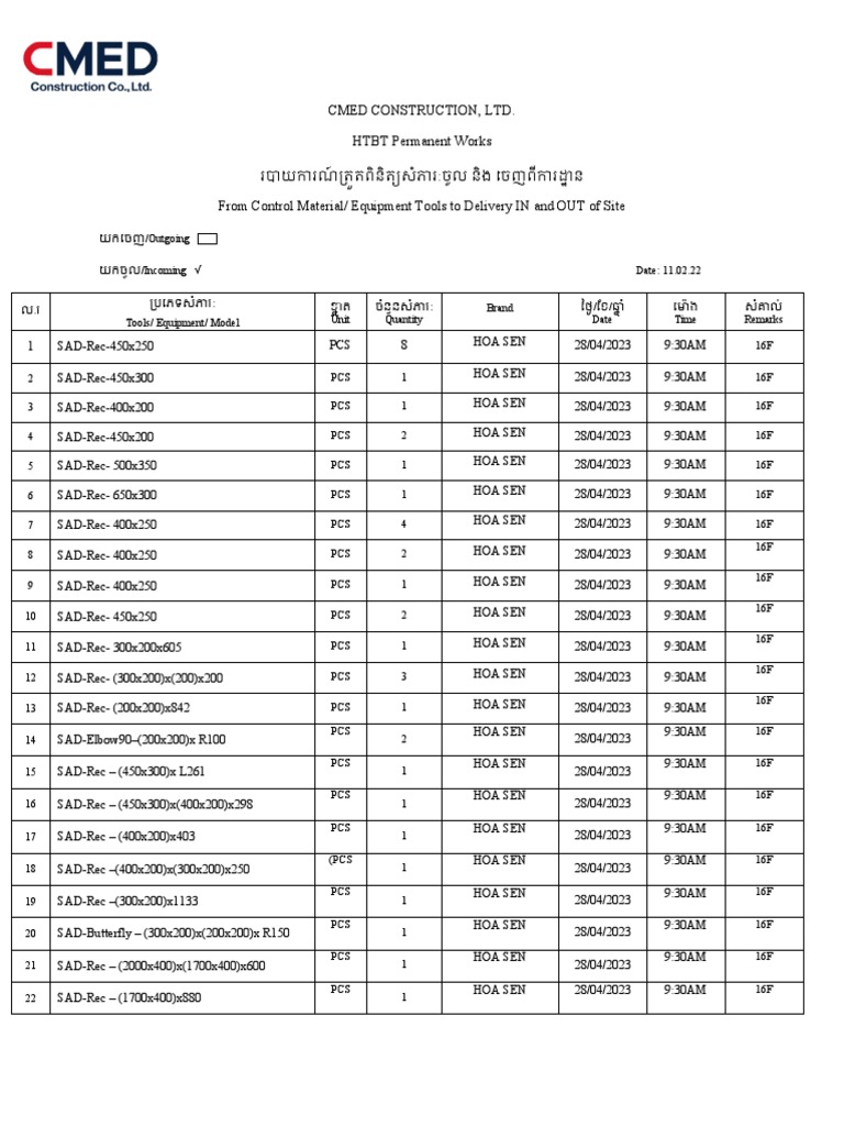 List For Material Ducting 16F PDF