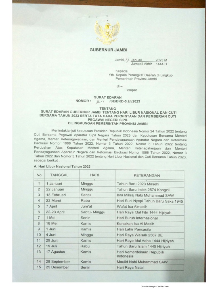 Surat Edaran Cuti Bersama Dan Hari Libur Nasional Tahun 2023 Pdf