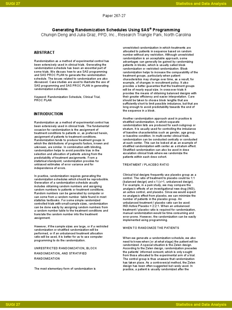 Generating Randomization Schedules in SAS | PDF | Placebo Controlled ...