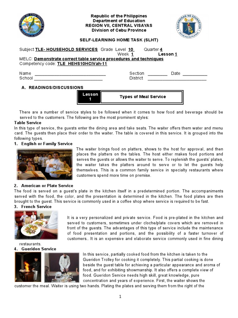 Q 4 Week 1 Table Service | PDF | Cafeteria | Restaurants