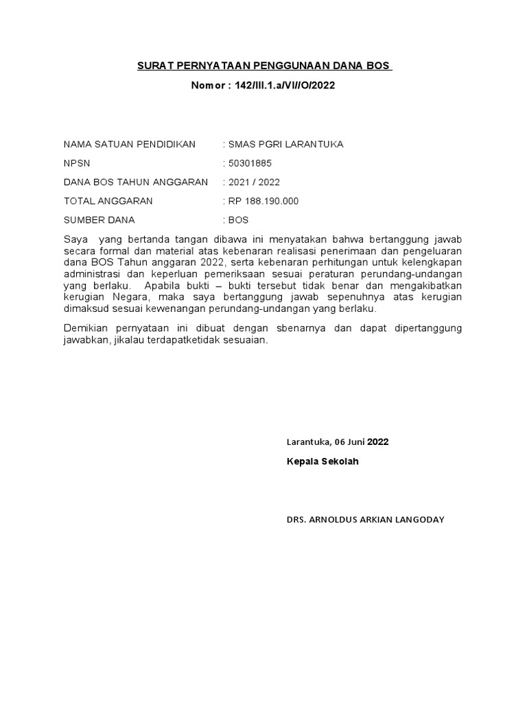 Surat pernyataan penggunaan dana bos pdf