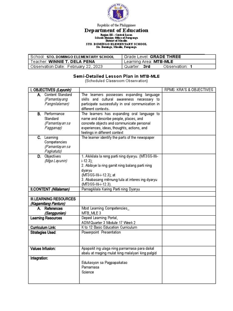 Grade 3 MTB-MLE Lesson Plan | PDF | Learning | Cognition