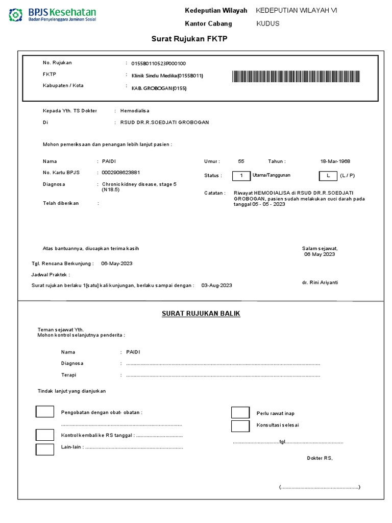 Surat Rujukan FKTP untuk Hemodialisa | PDF