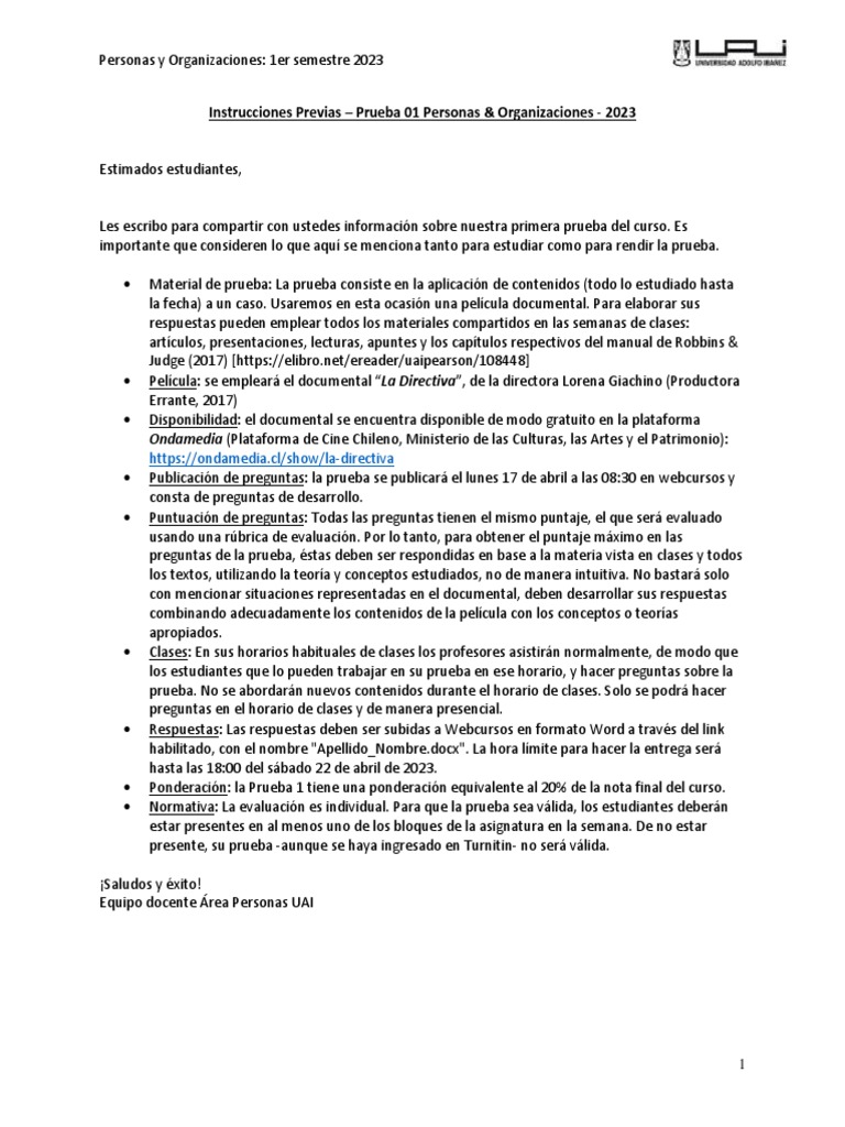 Instrucciones Previas - Prueba 1 | PDF