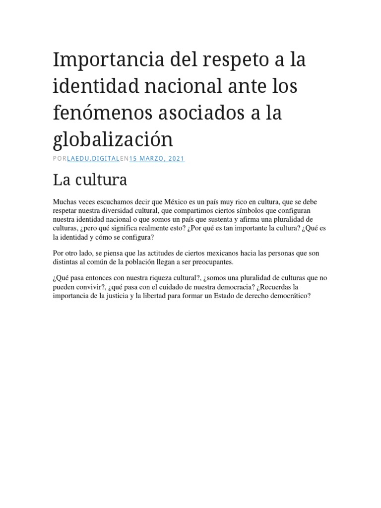 Respeto a la Identidad Nacional y Cultural | PDF