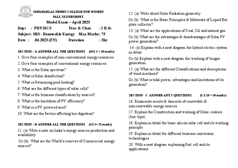 Renewable Energy Model Exam 2023 | PDF | Solar Energy | Renewable Energy