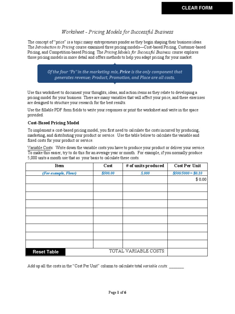 5 2 Pricing Models For A Successful Business Worksheet | PDF | Pricing ...