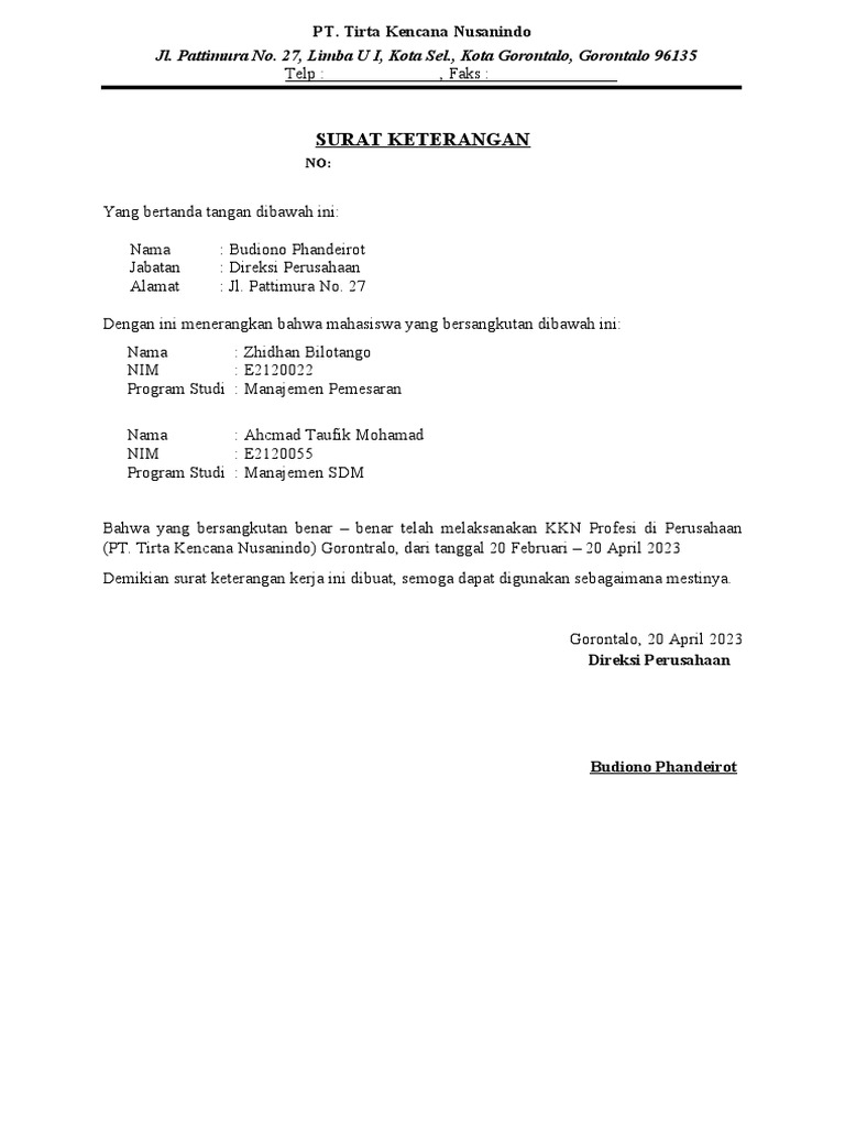 Contoh Surat Keterangan Kerja | PDF