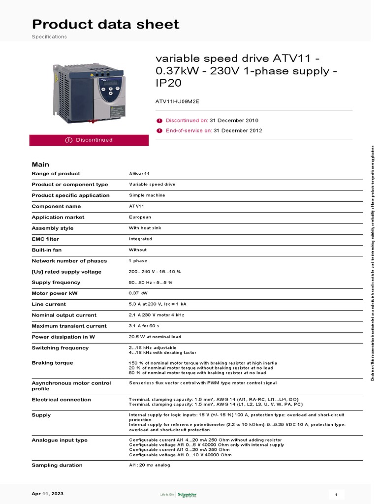 ATV11HU09M2E Variable Speed Drive Data | PDF