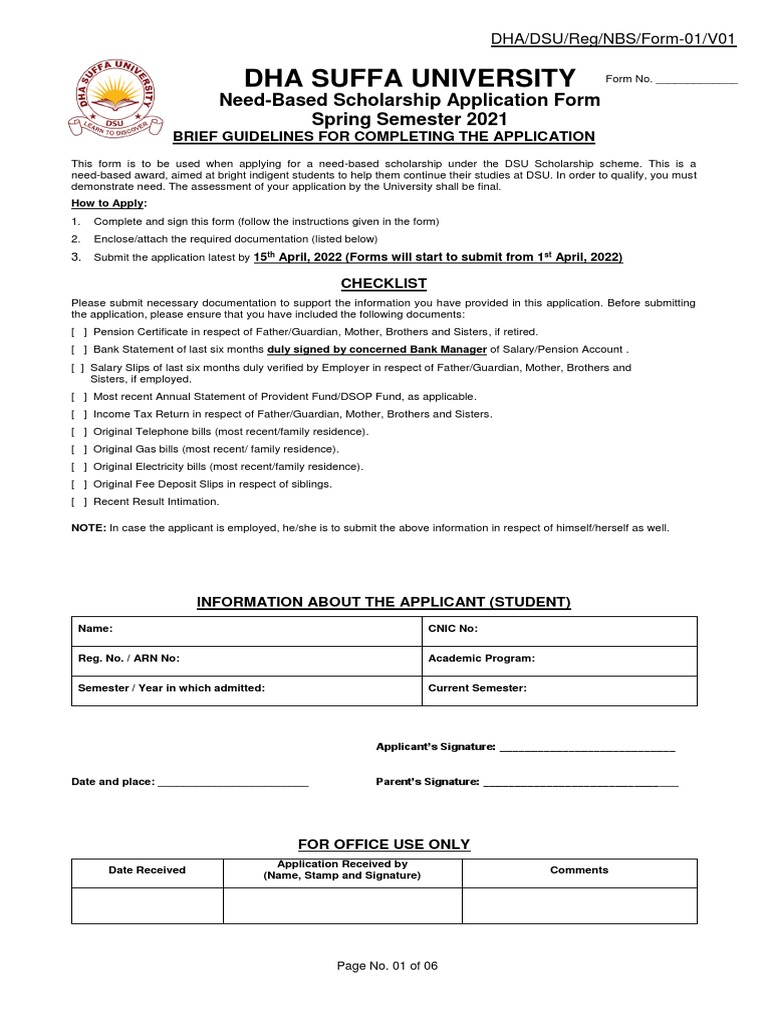 Need Based Scholarship Form Spring 2022 PDF