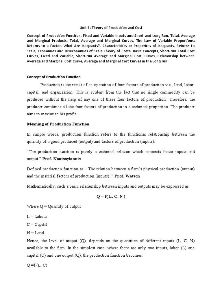 Theory of Production and Cost | PDF | Production Function | Long Run ...
