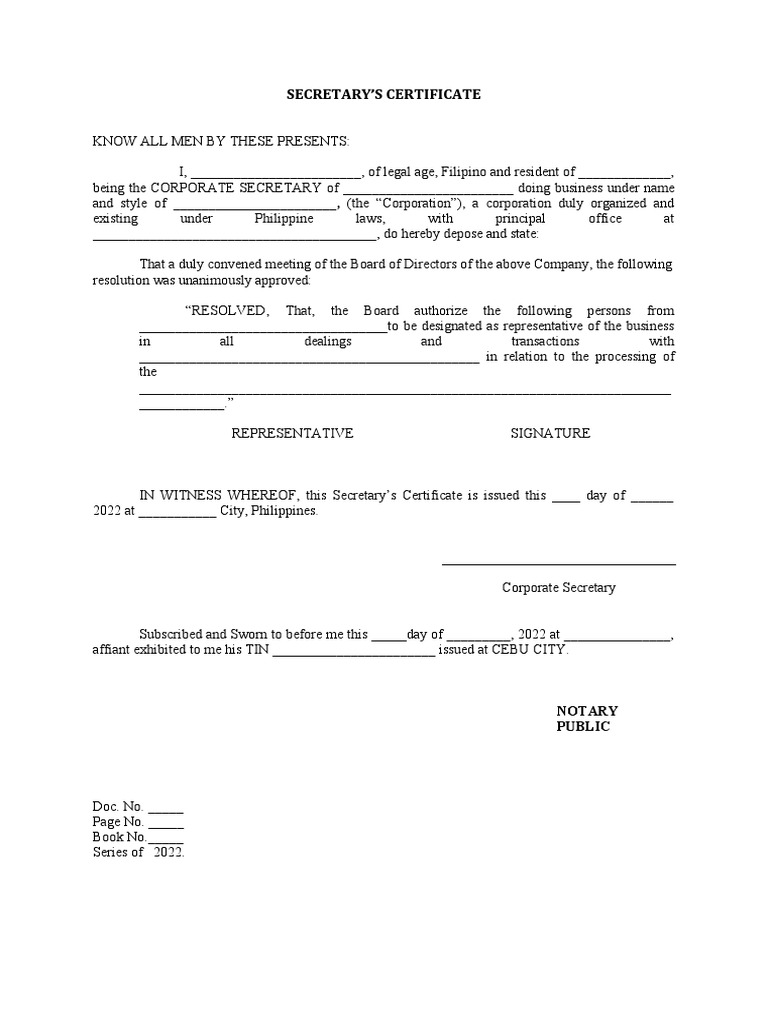 Secretary's Certificate for Authorized Rep. | PDF