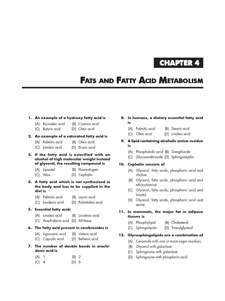 Lipid Metabolism MCQs and Concepts | PDF | Lipid | Fatty Acid