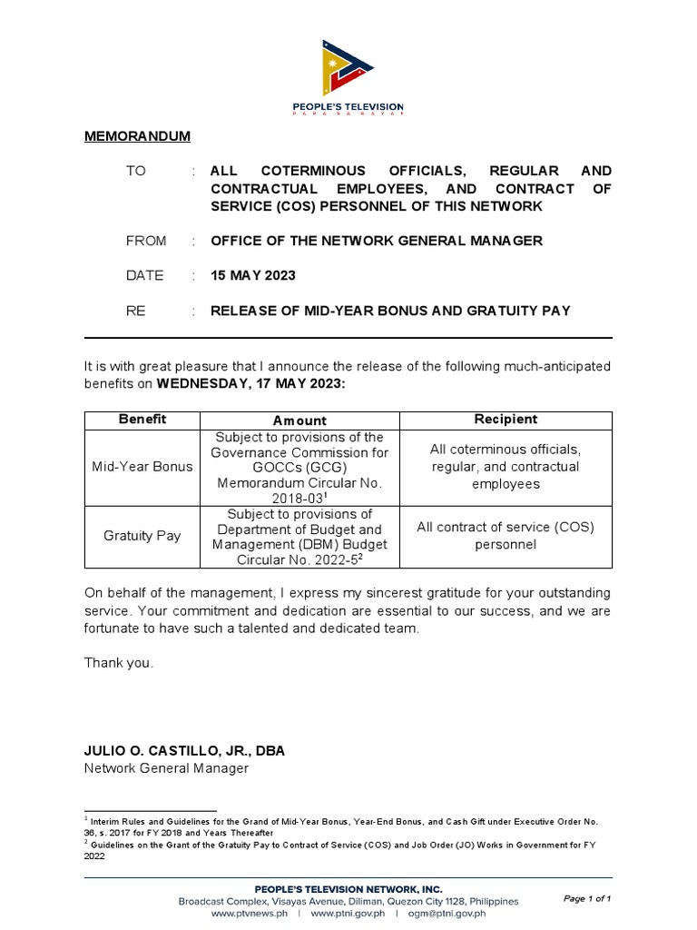 Memo Re Release of Midyear Bonus and Gratuity Pay PDF