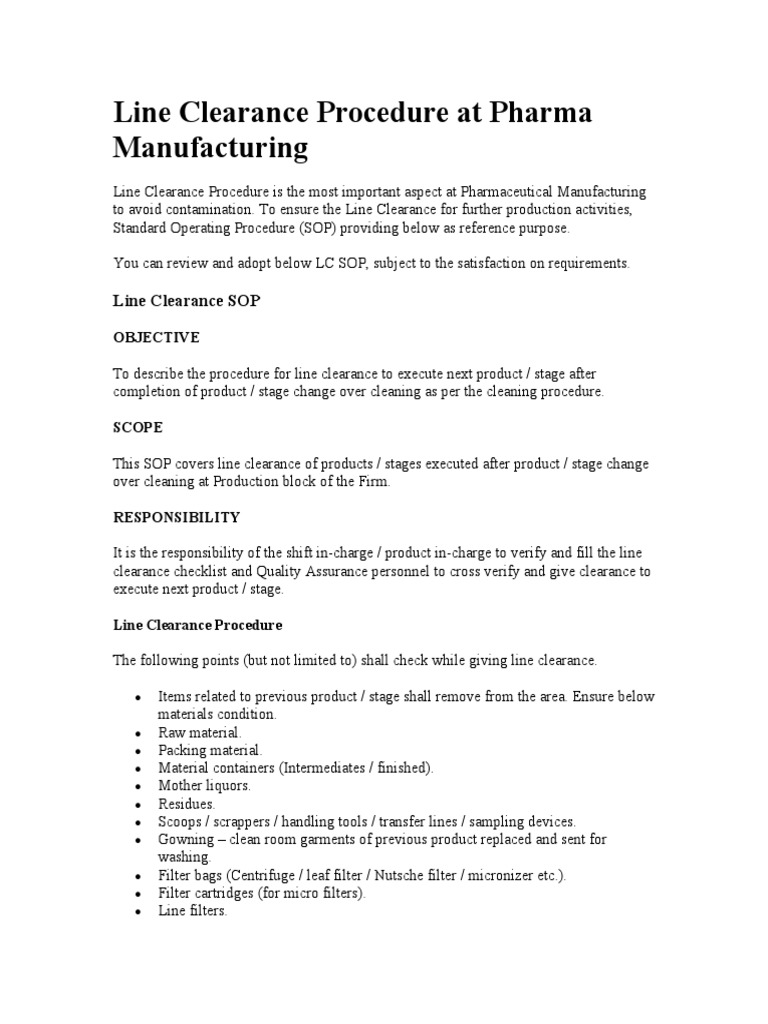 Line Clearance Procedure at Pharma Manufacturing | PDF